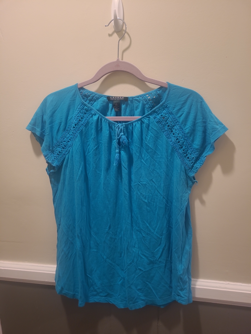 Lauren Ralph Lauren Turquoise Crochet-Trim Short Sleeve Top